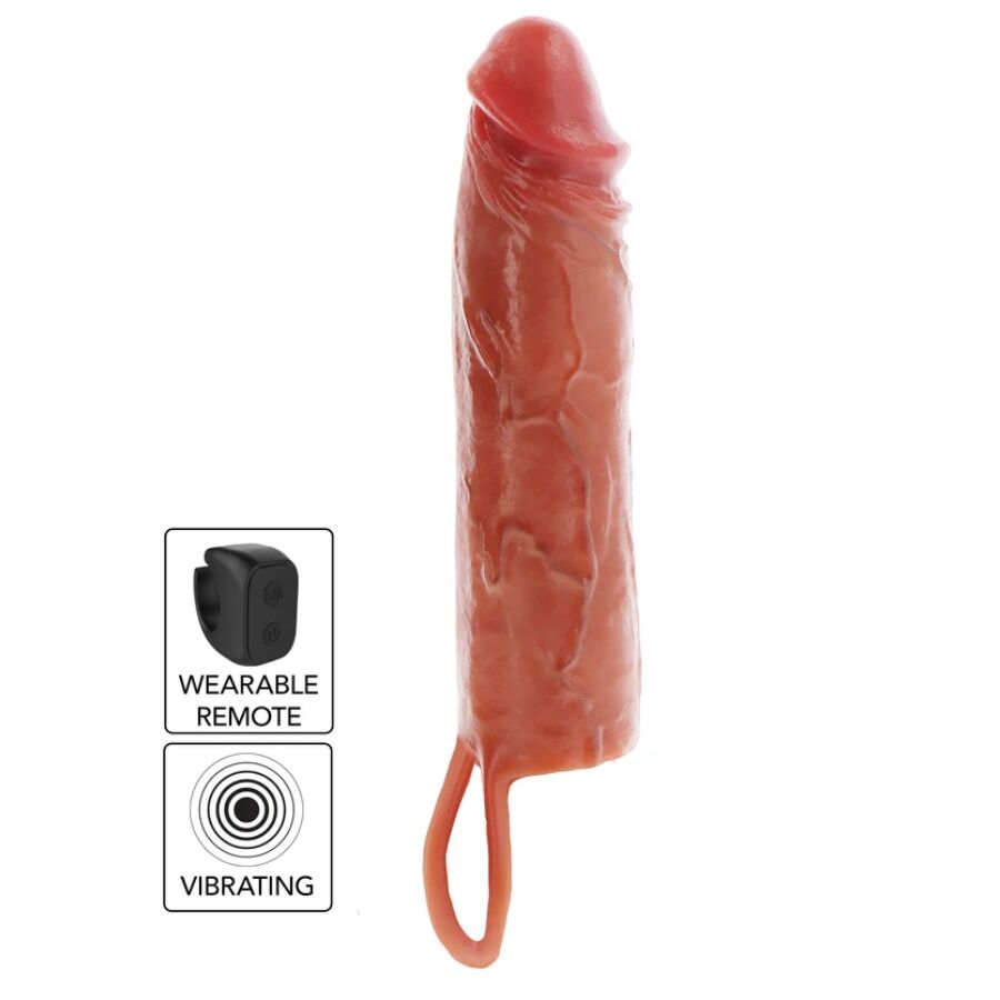 Feuchtigkeitsspendende Silikon-Vibrations-Penishülle in Karamell, 20 cm